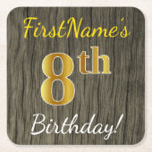 フェイク木、フェイク金ゴールド8誕生日+名前をカスタムする スクエアペーパーコースター (正面)