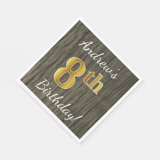 フェイク木、フェイク金ゴールド8誕生日+名前をカスタムする スタンダードランチョンナプキン (角)