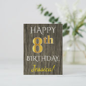 フェイク木、フェイク金ゴールド8誕生日+名前をカスタムする ポストカード (スタンド正面)