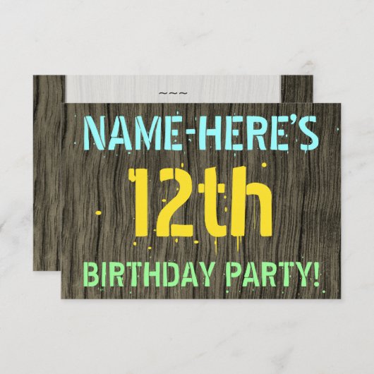 フェイク木、絵を描文字の外観、12誕生日+名前 招待状 (正面/裏面)