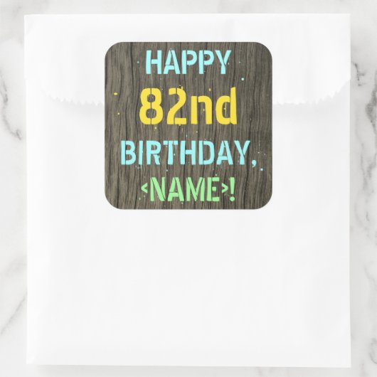 フェイク木、絵を描文字の外観、82番目の誕生日+名前 スクエアシール (バッグ)