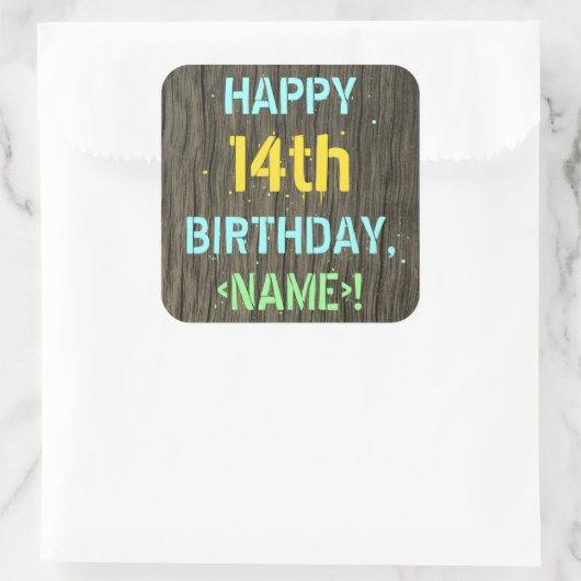 フェイク木、絵を描文字ルック、14誕生日+名前 スクエアシール (バッグ)