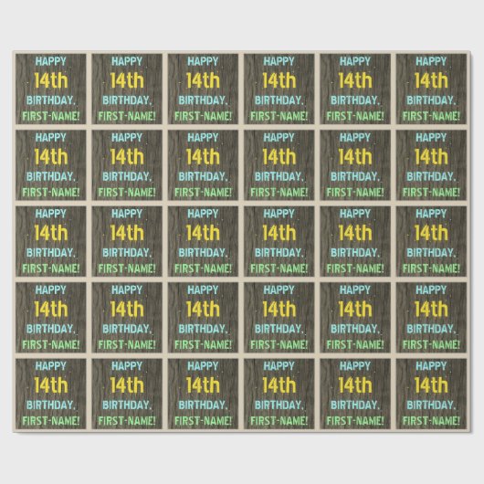 フェイク木、絵を描文字ルック、14誕生日+名前 ラッピングペーパー (フラット)