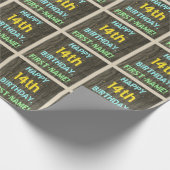 フェイク木、絵を描文字ルック、14誕生日+名前 ラッピングペーパー (角)