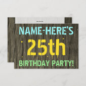 フェイク木、絵を描文字ルック、25誕生日+名前 招待状 (正面/裏面)