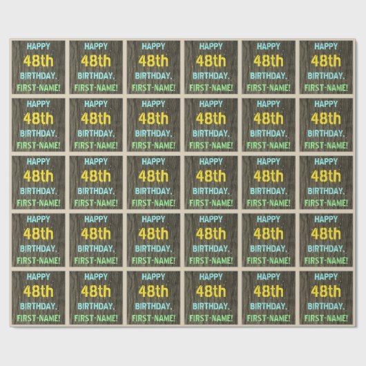 フェイク木、絵を描文字ルック、48誕生日+名前 ラッピングペーパー (フラット)