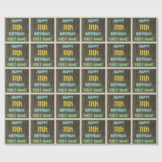 フェイク木、色彩の鮮やか文字の外観、11誕生日+名前 ラッピングペーパー (フラット)