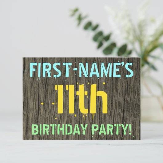フェイク木、色彩の鮮やか文字の外観、11誕生日+名前 招待状 (スタンド正面)