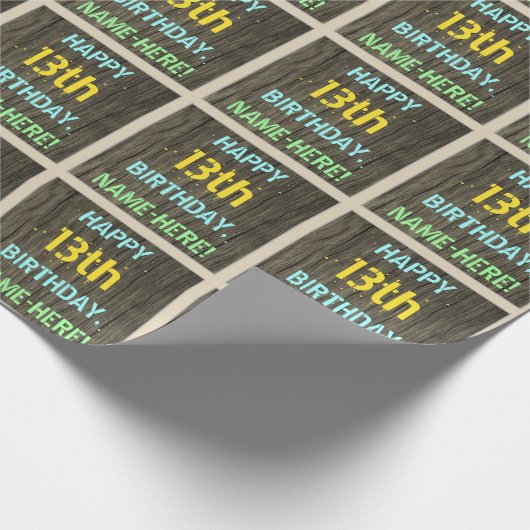フェイク木、色彩の鮮やか文字の外観、13誕生日+名前 ラッピングペーパー (角)