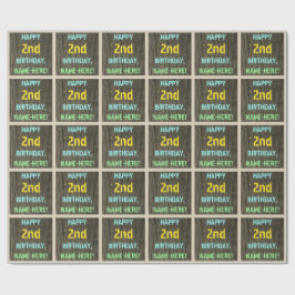 フェイク木、色彩の鮮やか文字の外観、2回目の誕生日+名前 ラッピングペーパー