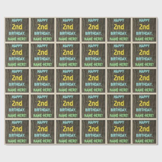 フェイク木、色彩の鮮やか文字の外観、2回目の誕生日+名前 ラッピングペーパー (フラット)