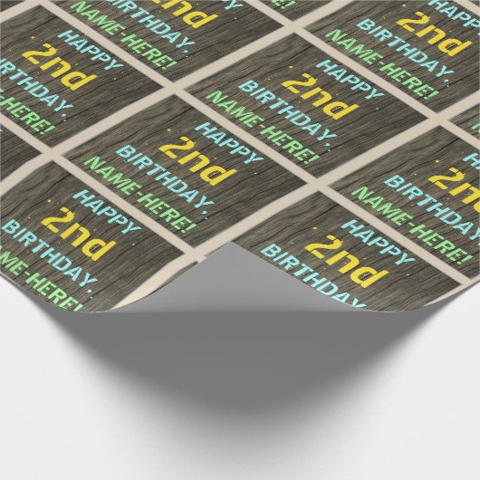 フェイク木、色彩の鮮やか文字の外観、2回目の誕生日+名前 ラッピングペーパー (角)