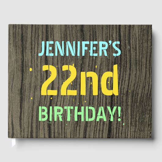 フェイク木、色彩の鮮やか文字の外観、22誕生日+名前 ゲストブック (正面)