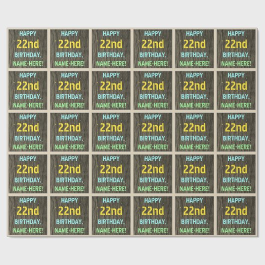 フェイク木、色彩の鮮やか文字の外観、22誕生日+名前 ラッピングペーパー (フラット)