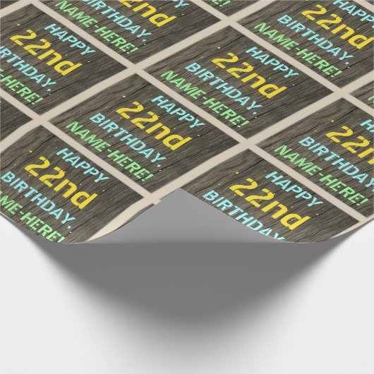 フェイク木、色彩の鮮やか文字の外観、22誕生日+名前 ラッピングペーパー (角)