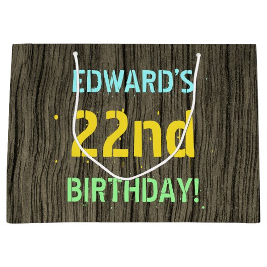 フェイク木、色彩の鮮やか文字の外観、22誕生日+名前 ラージペーパーバッグ (正面)
