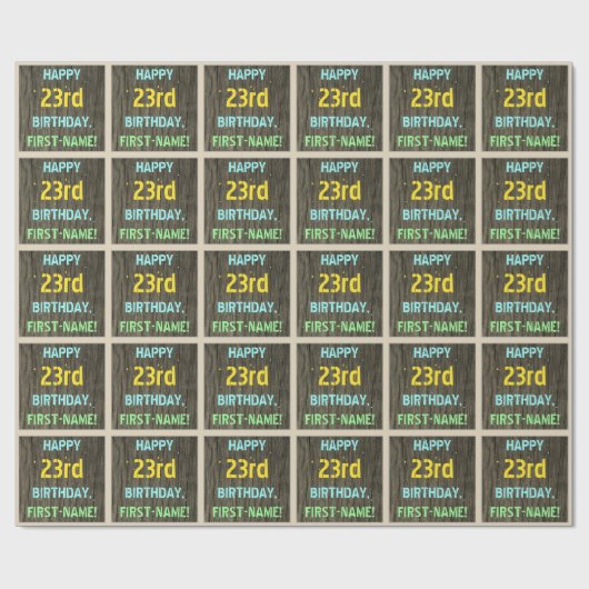 フェイク木、色彩の鮮やか文字の外観、23誕生日+名前 ラッピングペーパー (フラット)