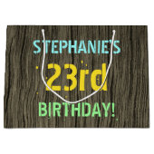 フェイク木、色彩の鮮やか文字の外観、23誕生日+名前 ラージペーパーバッグ (正面)