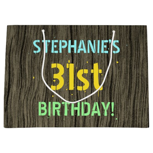 フェイク木、色彩の鮮やか文字の外観、31誕生日+名前 ラージペーパーバッグ (正面)