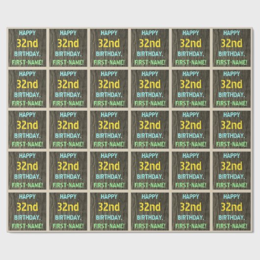 フェイク木、色彩の鮮やか文字の外観、32番目の誕生日+名前 ラッピングペーパー (フラット)