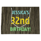フェイク木、色彩の鮮やか文字の外観、32番目の誕生日+名前 ラージペーパーバッグ (正面)