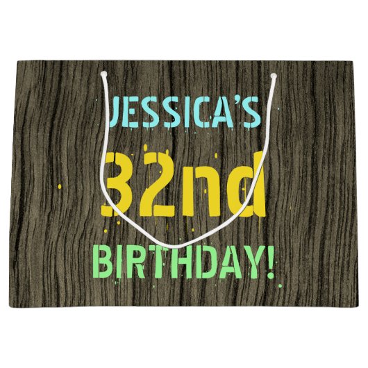 フェイク木、色彩の鮮やか文字の外観、32番目の誕生日+名前 ラージペーパーバッグ (正面)