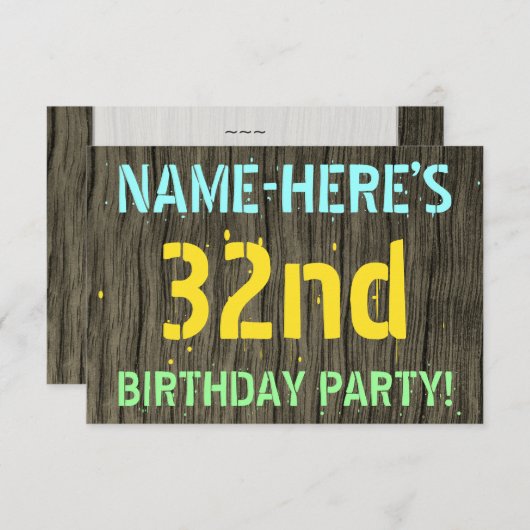 フェイク木、色彩の鮮やか文字の外観、32番目の誕生日+名前 招待状 (正面/裏面)