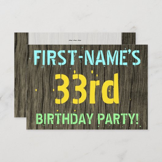 フェイク木、色彩の鮮やか文字の外観、33誕生日+名前 招待状 (正面/裏面)