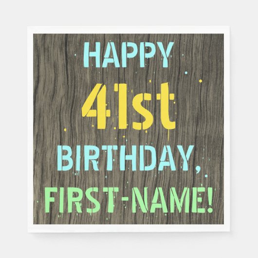 フェイク木、色彩の鮮やか文字の外観、41誕生日+名前 スタンダードランチョンナプキン (正面)
