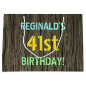 フェイク木、色彩の鮮やか文字の外観、41誕生日+名前 ラージペーパーバッグ (正面)