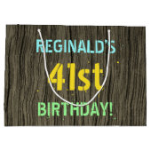 フェイク木、色彩の鮮やか文字の外観、41誕生日+名前 ラージペーパーバッグ (裏面)