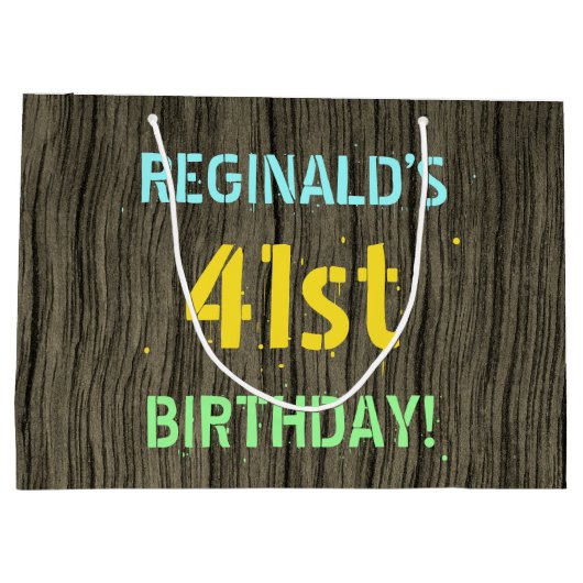 フェイク木、色彩の鮮やか文字の外観、41誕生日+名前 ラージペーパーバッグ (裏面)