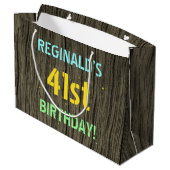 フェイク木、色彩の鮮やか文字の外観、41誕生日+名前 ラージペーパーバッグ (裏面アングル)