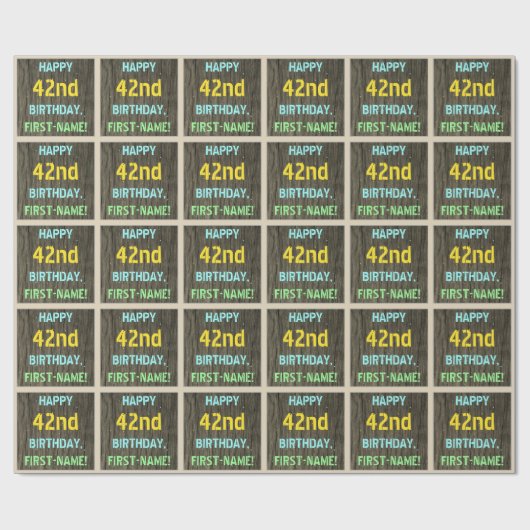 フェイク木、色彩の鮮やか文字の外観、42番目の誕生日+名前 ラッピングペーパー (フラット)
