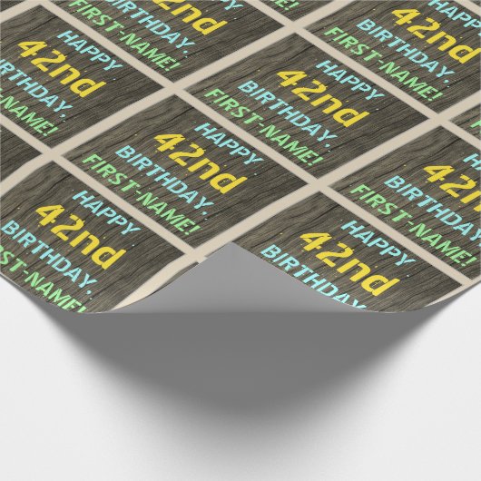 フェイク木、色彩の鮮やか文字の外観、42番目の誕生日+名前 ラッピングペーパー (角)