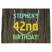 フェイク木、色彩の鮮やか文字の外観、42番目の誕生日+名前 ラージペーパーバッグ (正面)