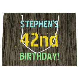フェイク木、色彩の鮮やか文字の外観、42番目の誕生日+名前 ラージペーパーバッグ