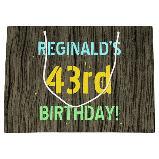 フェイク木、色彩の鮮やか文字の外観、43誕生日+名前 ラージペーパーバッグ (正面)