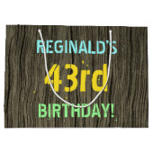 フェイク木、色彩の鮮やか文字の外観、43誕生日+名前 ラージペーパーバッグ (裏面)