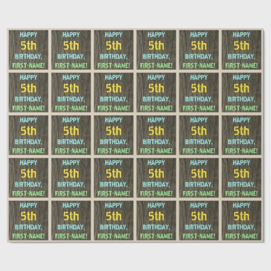 フェイク木、色彩の鮮やか文字の外観、5誕生日+名前 ラッピングペーパー (フラット)