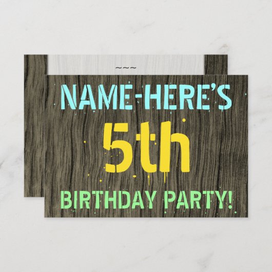 フェイク木、色彩の鮮やか文字の外観、5誕生日+名前 招待状 (正面/裏面)