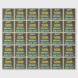 フェイク木、色彩の鮮やか文字の外観、50誕生日+名前 ラッピングペーパー