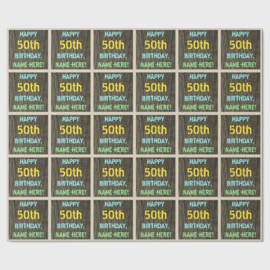 フェイク木、色彩の鮮やか文字の外観、50誕生日+名前 ラッピングペーパー (フラット)