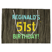 フェイク木、色彩の鮮やか文字の外観、51誕生日+名前 ラージペーパーバッグ (裏面)