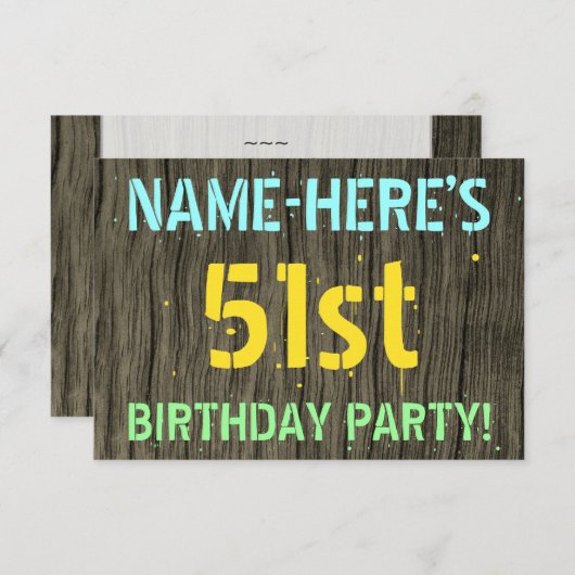フェイク木、色彩の鮮やか文字の外観、51誕生日+名前 招待状 (正面/裏面)