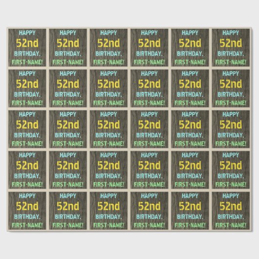 フェイク木、色彩の鮮やか文字の外観、52番目の誕生日+名前 ラッピングペーパー (フラット)