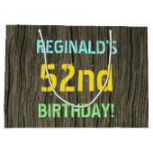 フェイク木、色彩の鮮やか文字の外観、52番目の誕生日+名前 ラージペーパーバッグ (裏面)