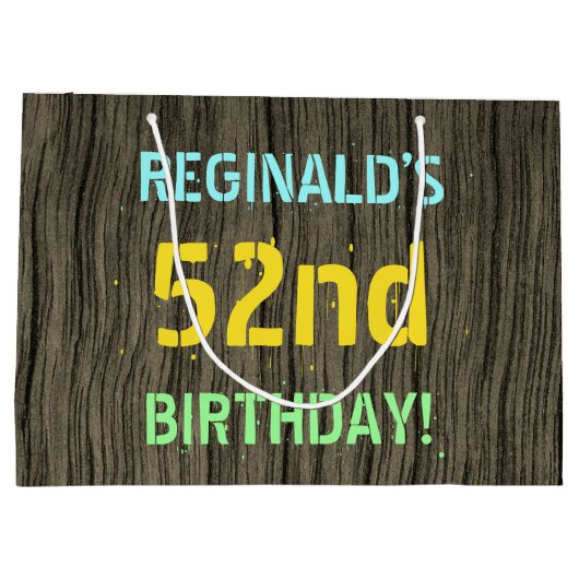 フェイク木、色彩の鮮やか文字の外観、52番目の誕生日+名前 ラージペーパーバッグ (裏面)