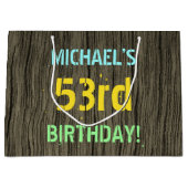 フェイク木、色彩の鮮やか文字の外観、53誕生日+名前 ラージペーパーバッグ (正面)
