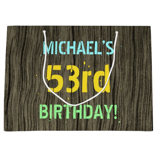 フェイク木、色彩の鮮やか文字の外観、53誕生日+名前 ラージペーパーバッグ (正面)